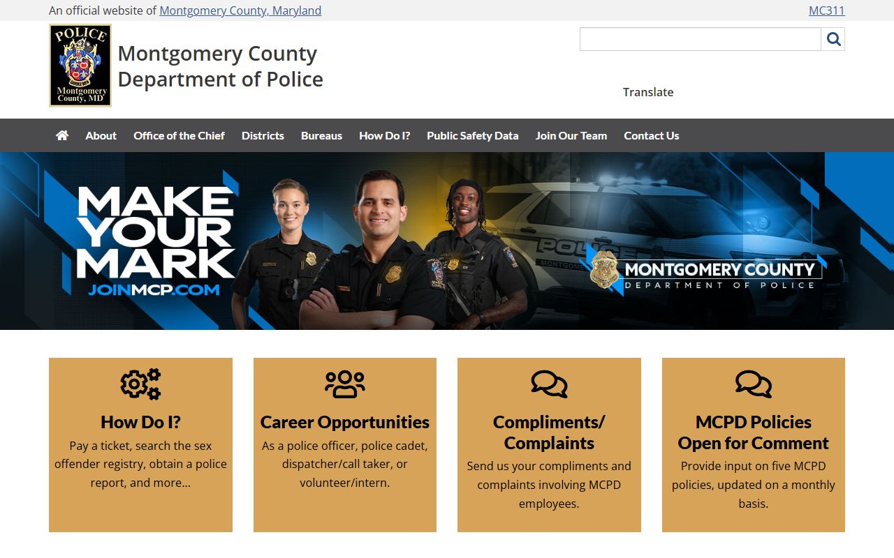 Montgomery County Police Department homepage for Bethesda recent arrests