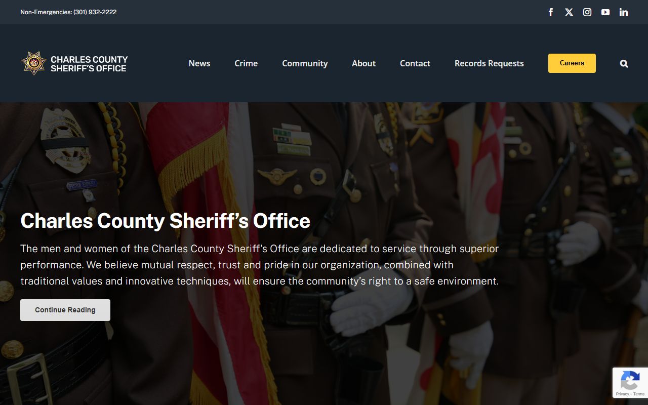 Charles County Sheriff's Office homepage for recent arrests and daily reports
