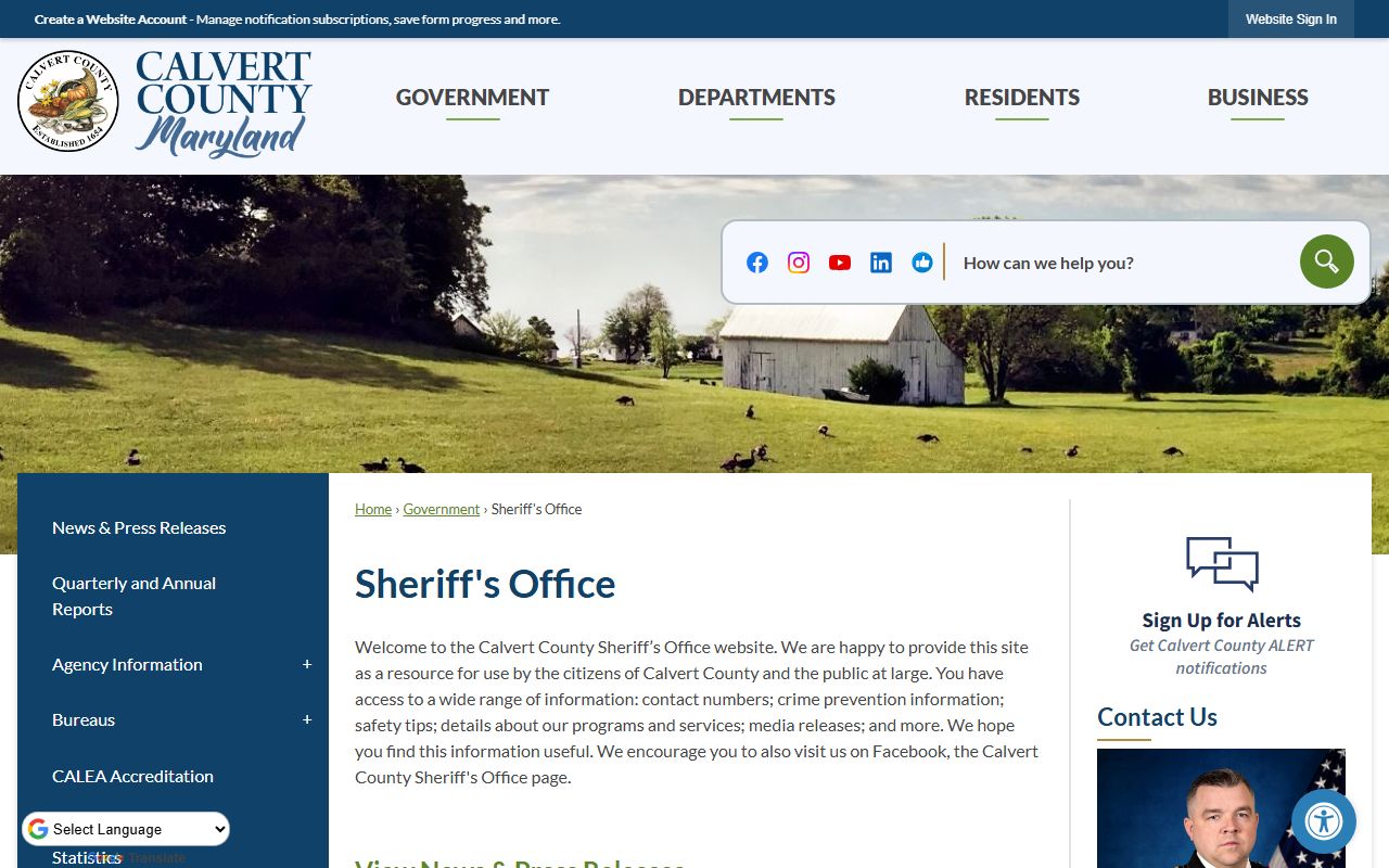 Calvert County Sheriff's Office homepage for recent arrests information