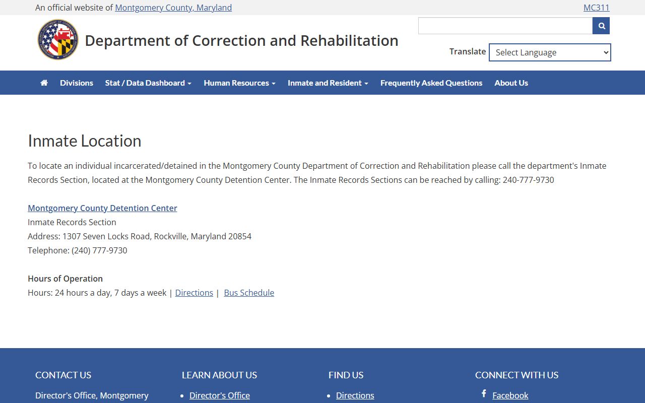 Montgomery County inmate location page for finding recent arrests custody information