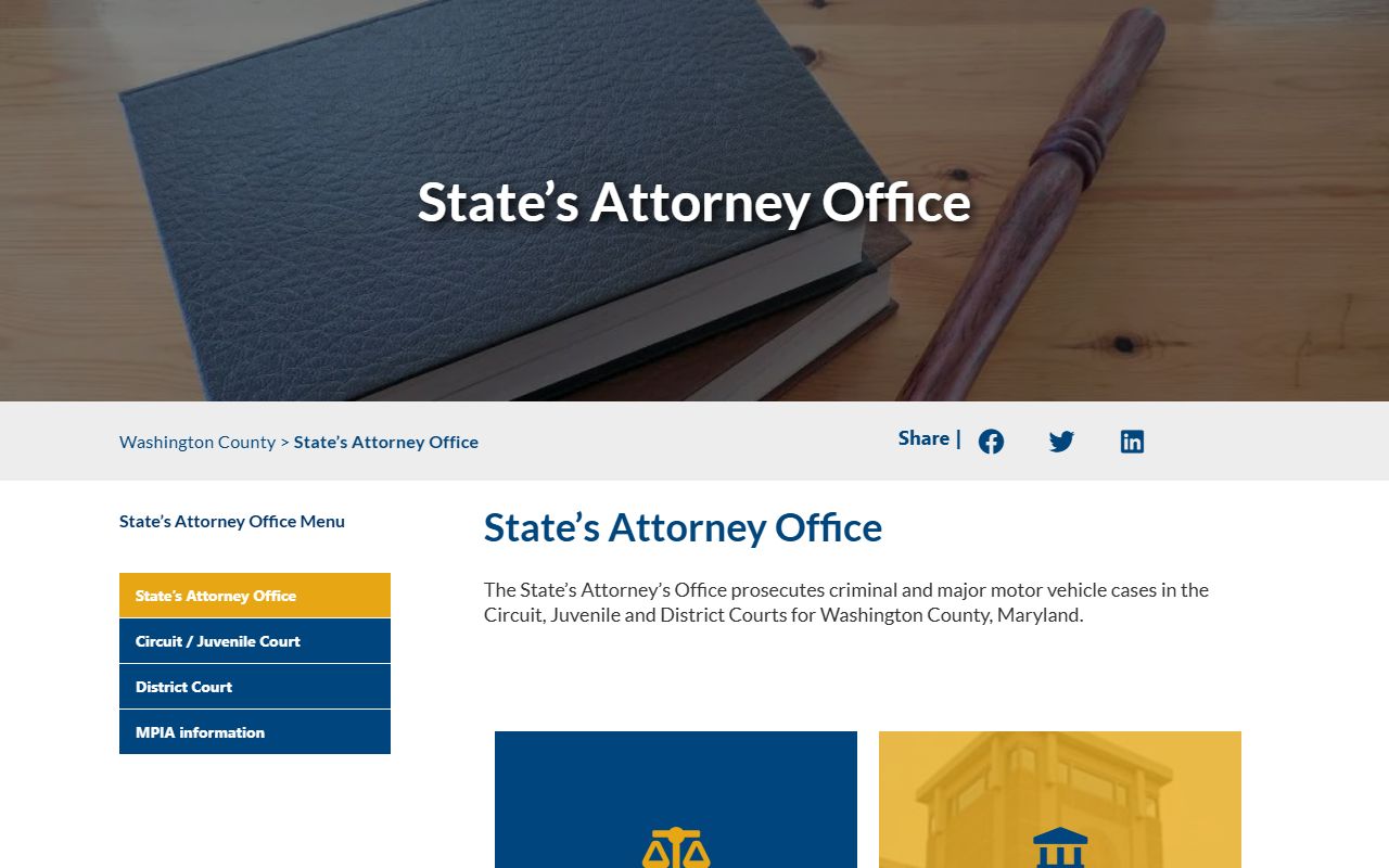 Washington County State's Attorney Office website for criminal case prosecution