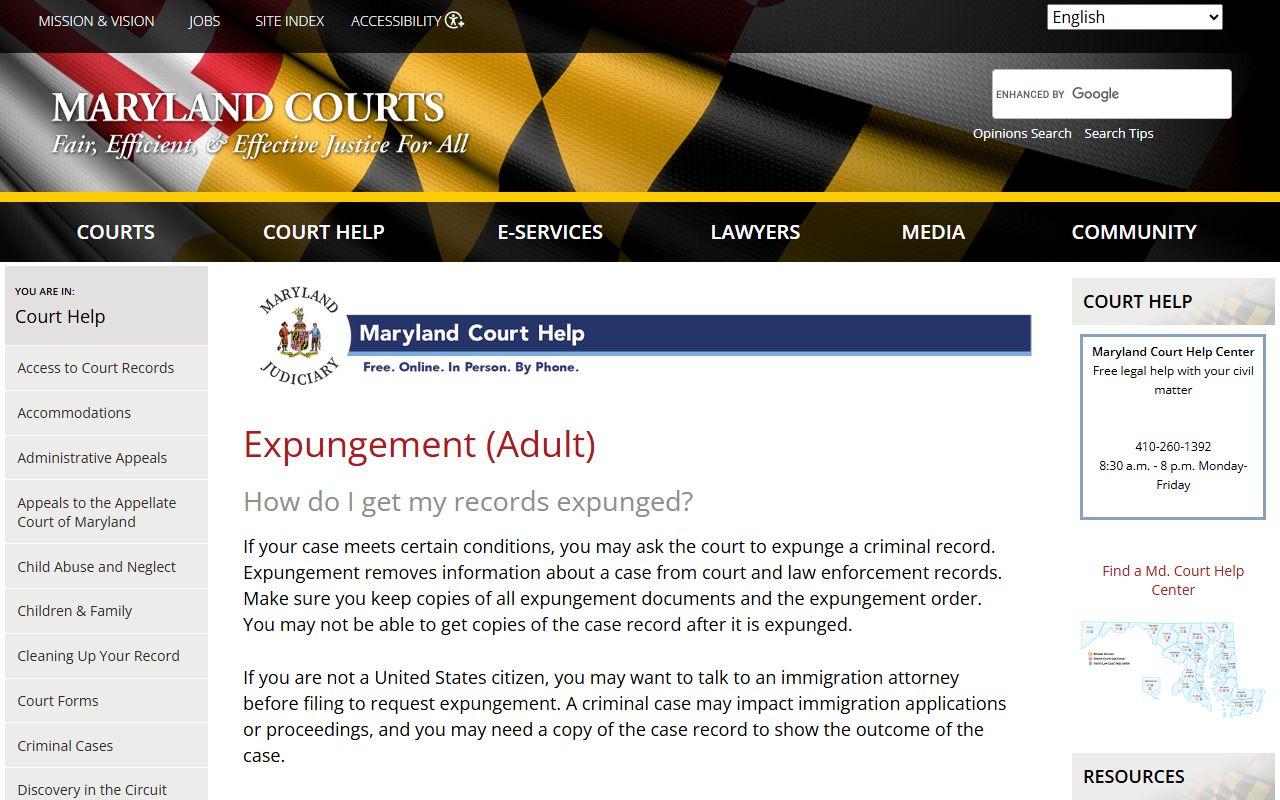 Maryland Courts expungement information page for arrest records