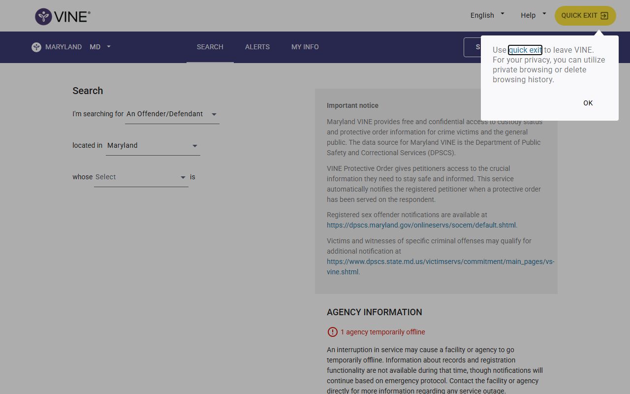VINELink Maryland search page for recent arrests custody status